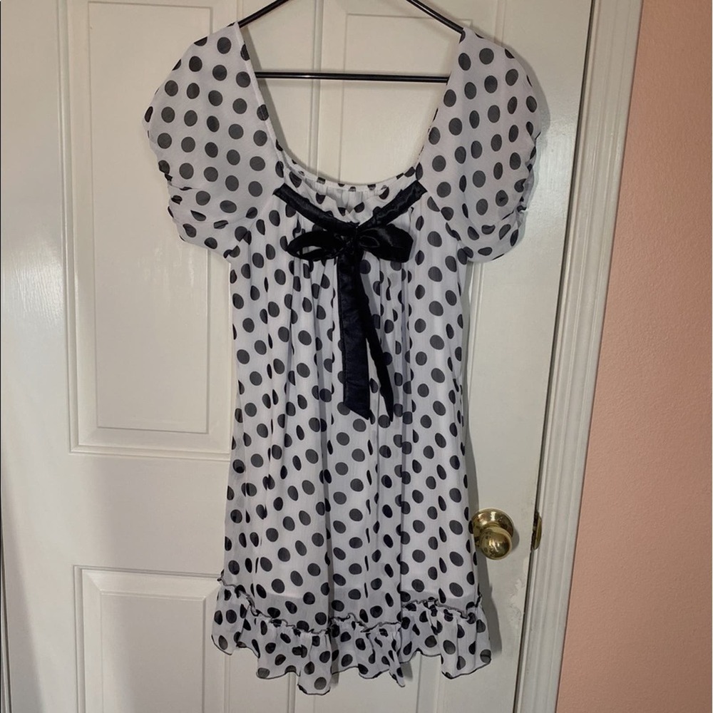 White and Black Polka Dot Dress with Black Ribbon Ruffles Deep Scoop Neck | L